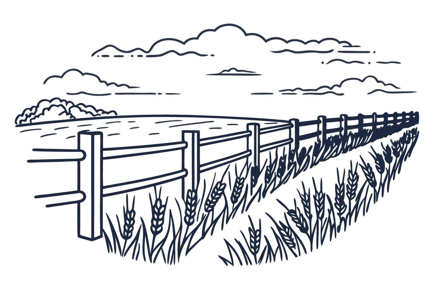 Rural landscape with farmland, fence, and wheat crops under a cloudy sky vector