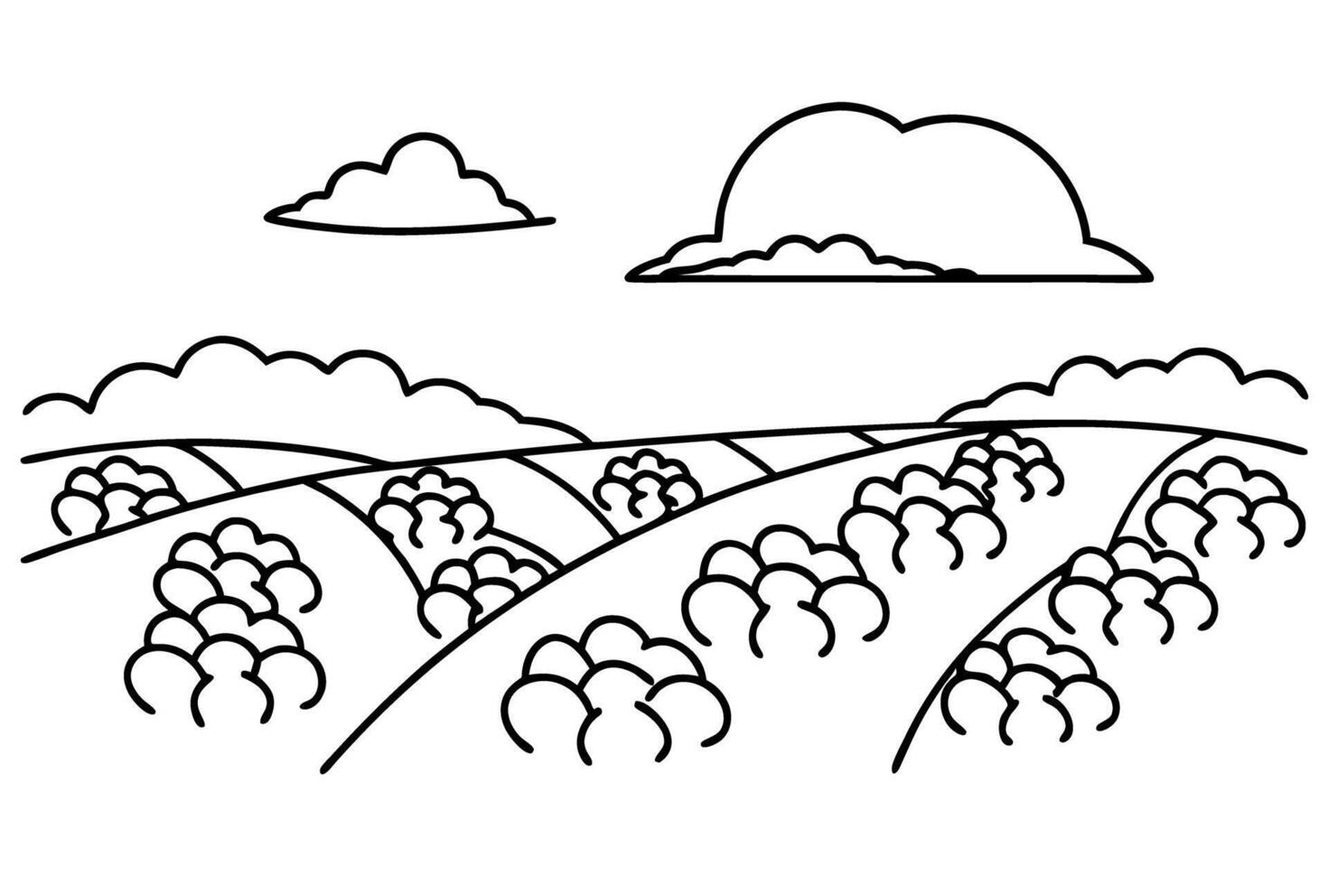 Rolling hills landscape with clouds and trees, black and white illustration vector