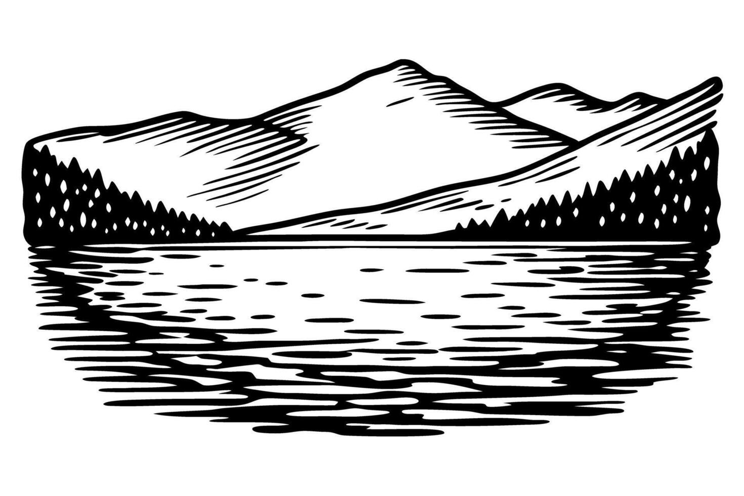 Scenic mountain and lake landscape in monochrome illustration vector