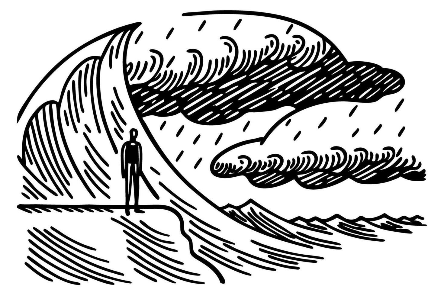 person standing on cliff facing giant wave amidst stormy sky vector