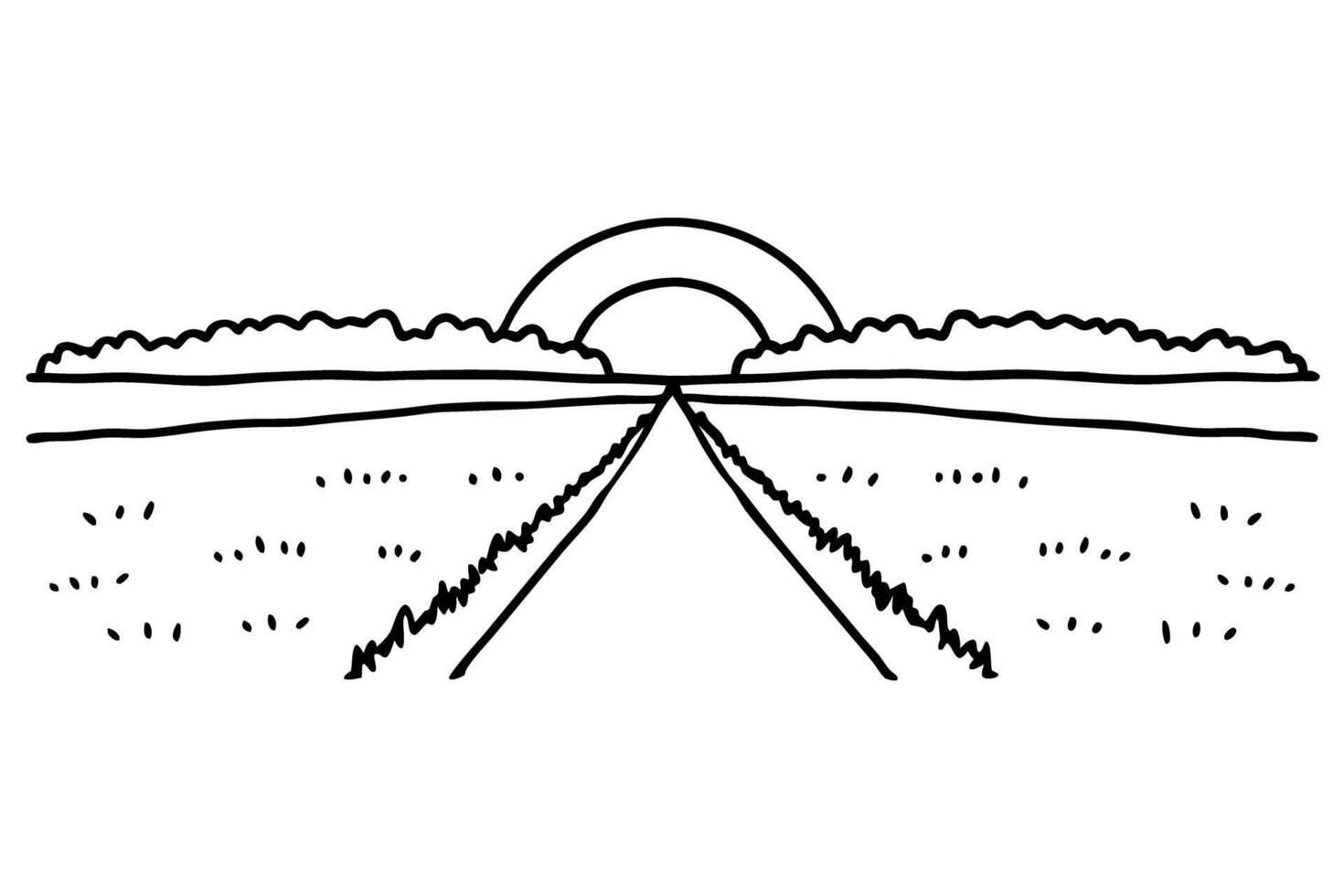 sunset horizon over fields with pathway, simple nature landscape line art illustration vector