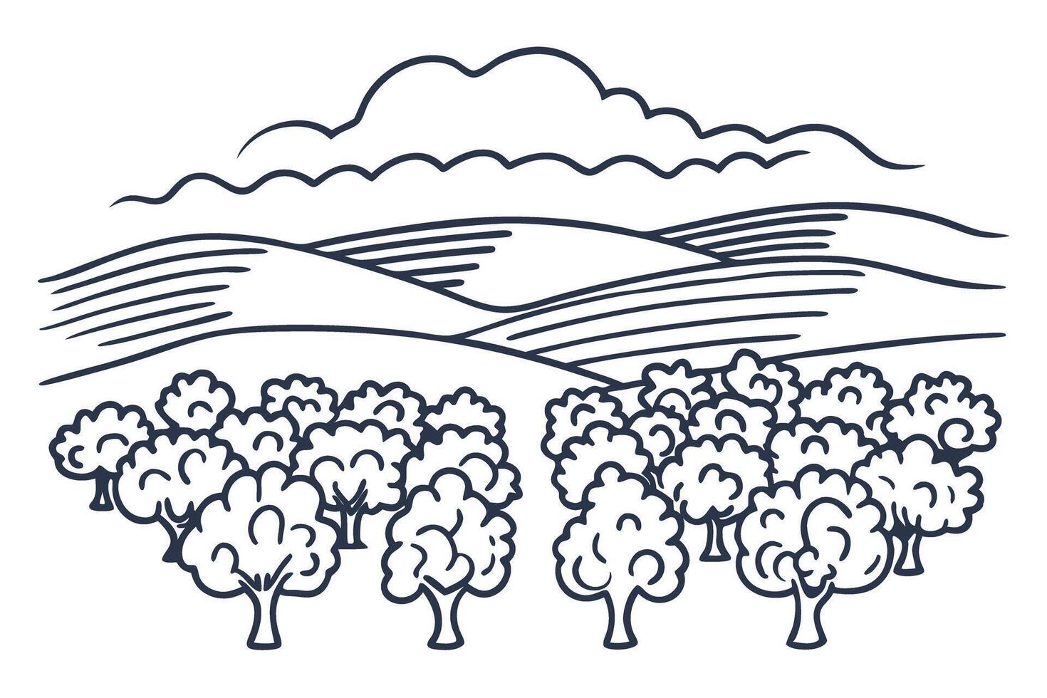 Landscape illustration with rolling hills and forest trees in black and white vector