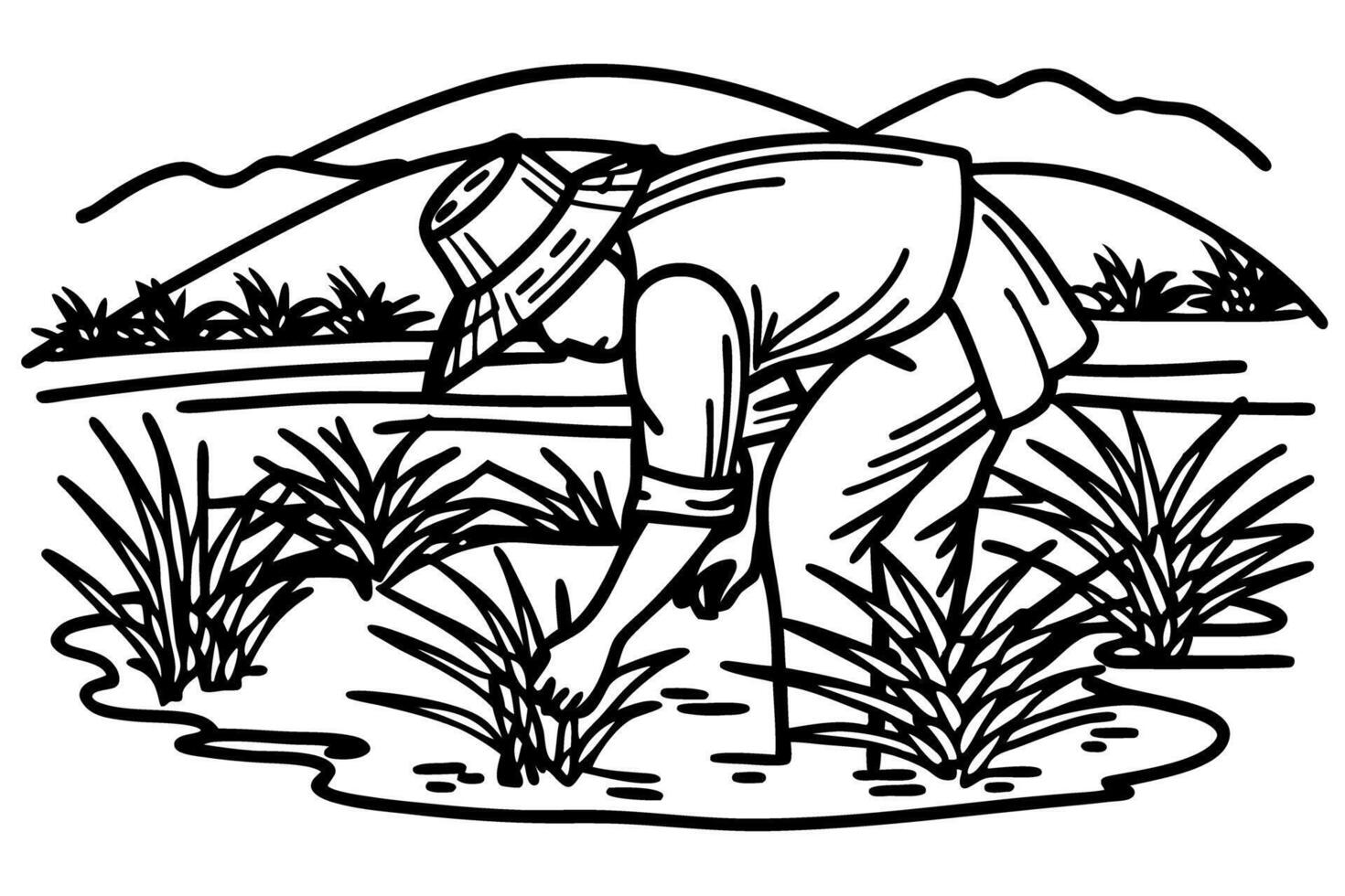 farmer tending rice field rural agriculture illustration, traditional farming practices in landscape vector