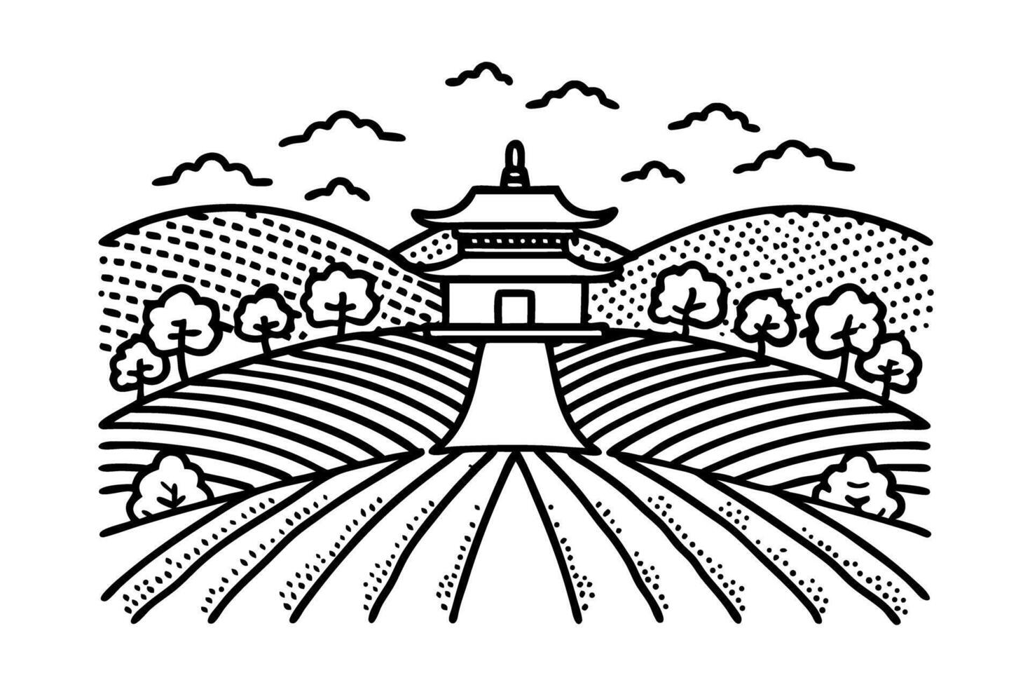 Monochrome pagoda landscape with fields and trees, traditional chinese inspired line art vector