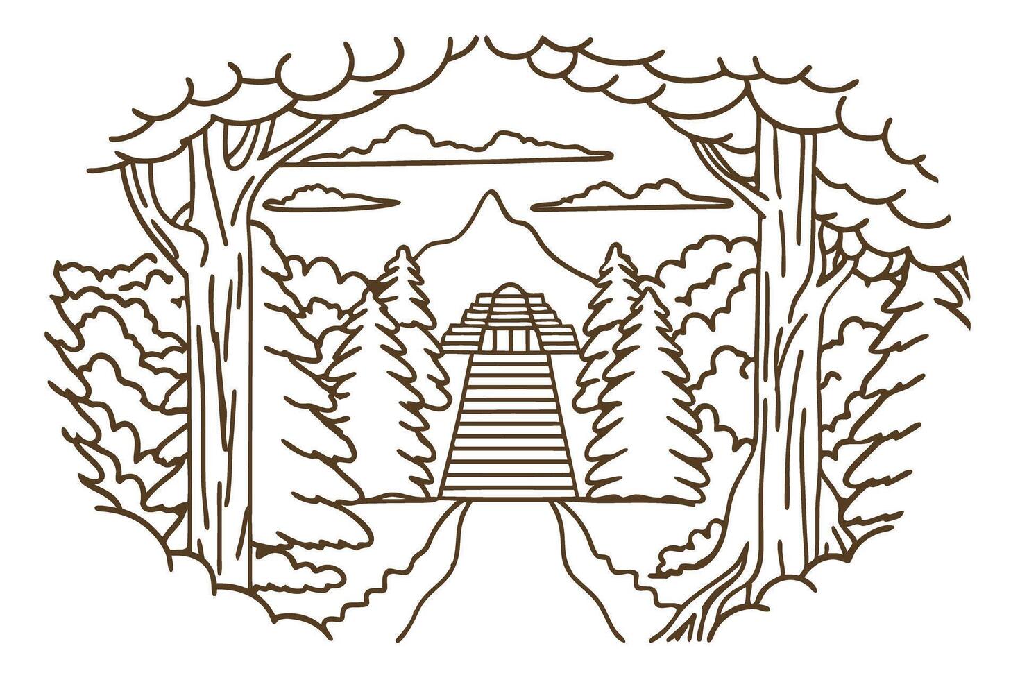 Nature landscape with mountain, forest, and trail under cloudy sky vector