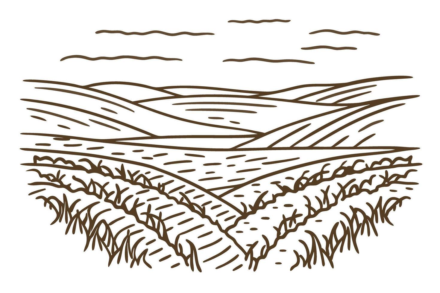 Scenic landscape outline with rolling hills and fields under a cloudy sky vector