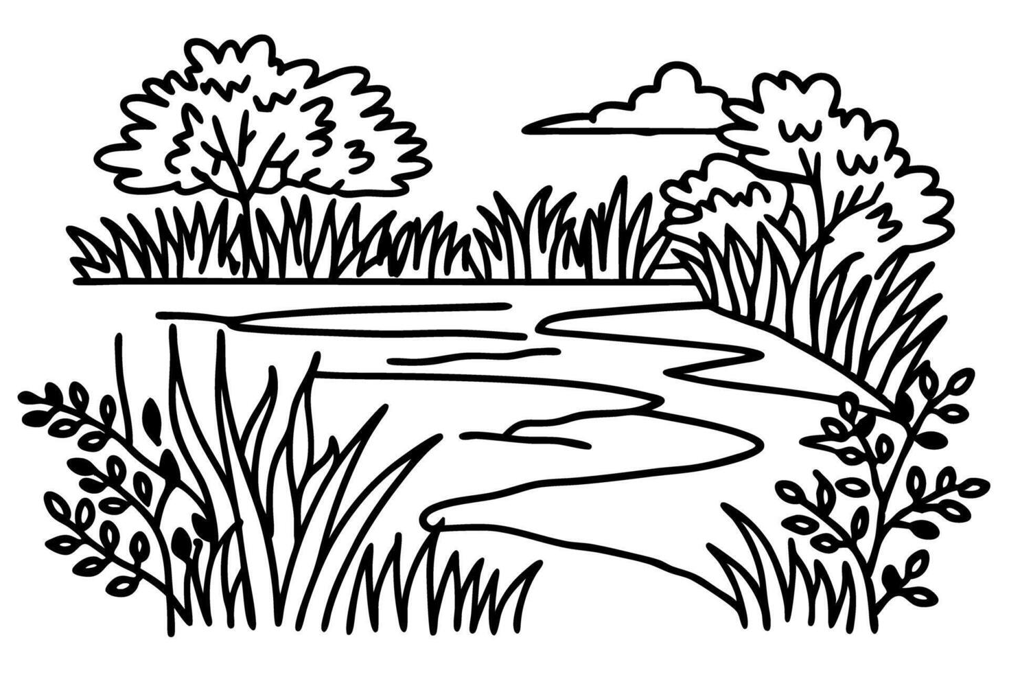 tranquil lakeside scene serene waters, lush trees, and dense vegetation silhouette landscape vector