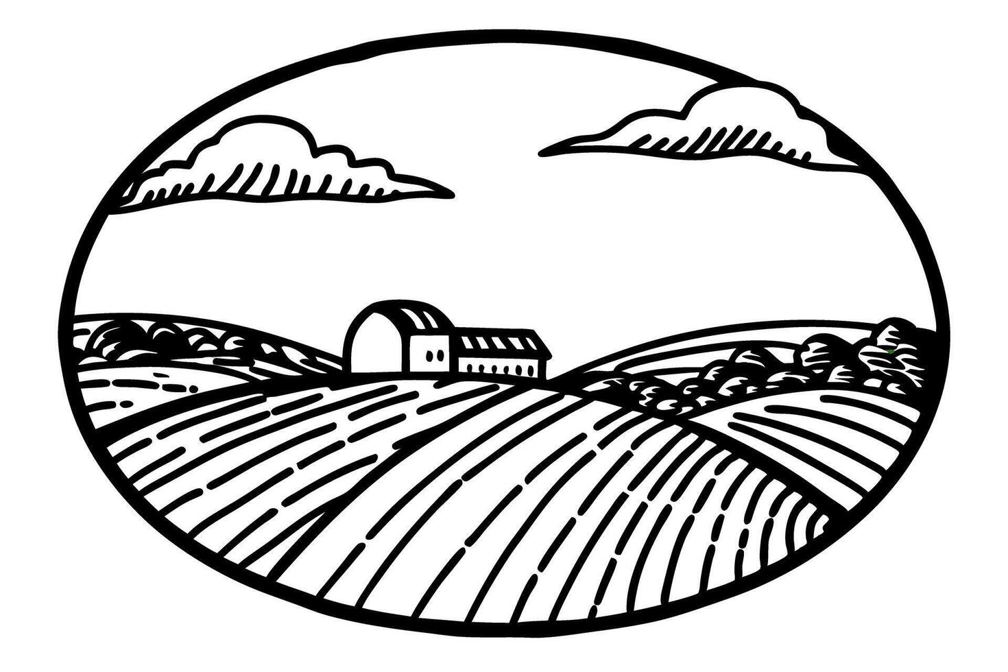 Rural landscape with barn, fields, clouds countryside agriculture, farm life, pastoral scenery vector