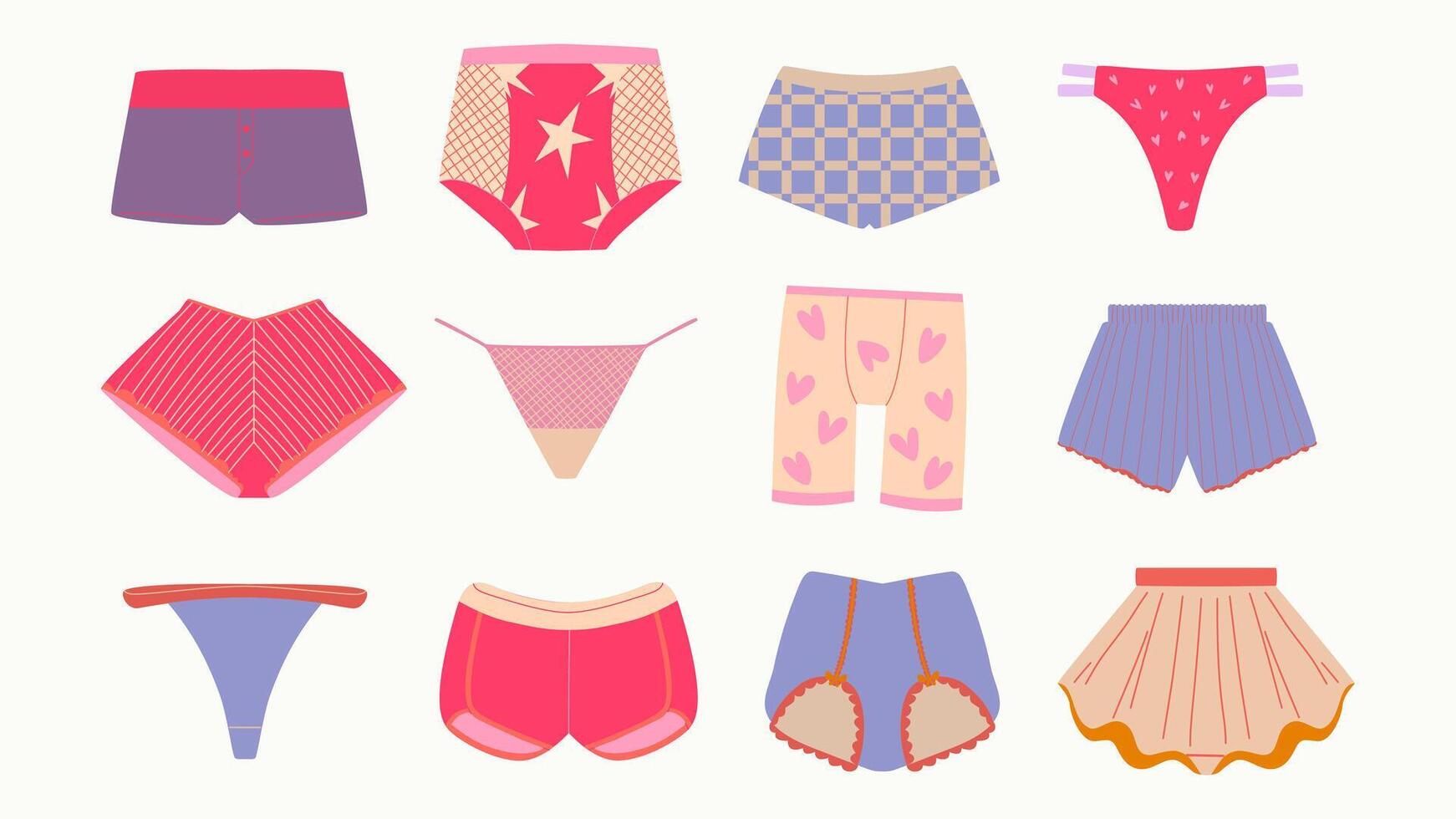 A set of underpants for men and women. Swimming trunks, shorts and panties. vector