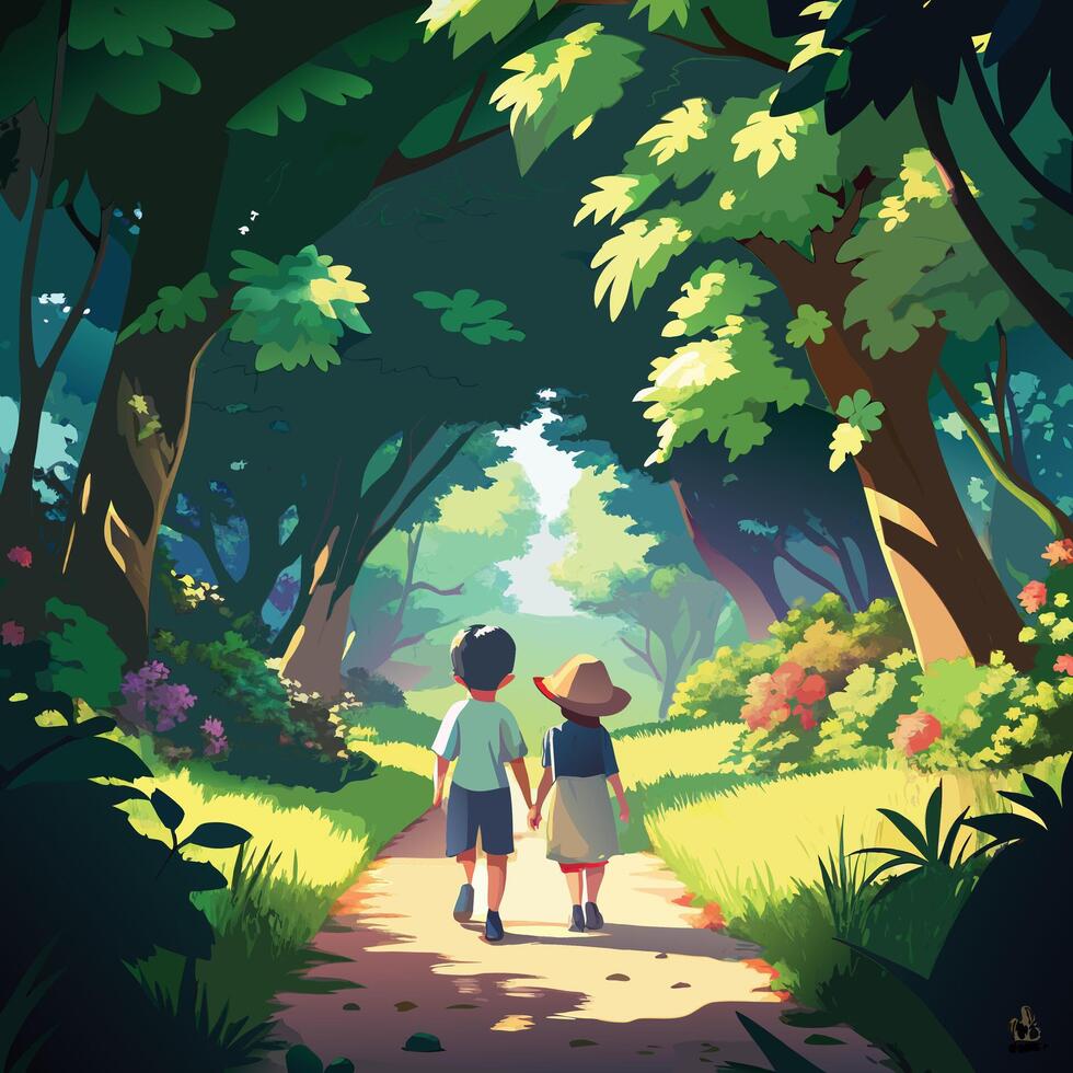 a cartoon painting of two children walking down a path vector