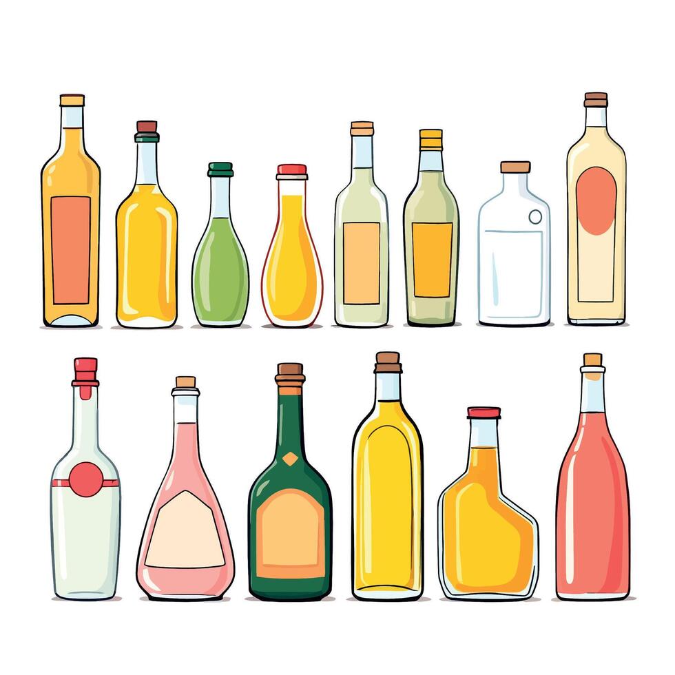 Various types of alcoholic beverages in bottles vector