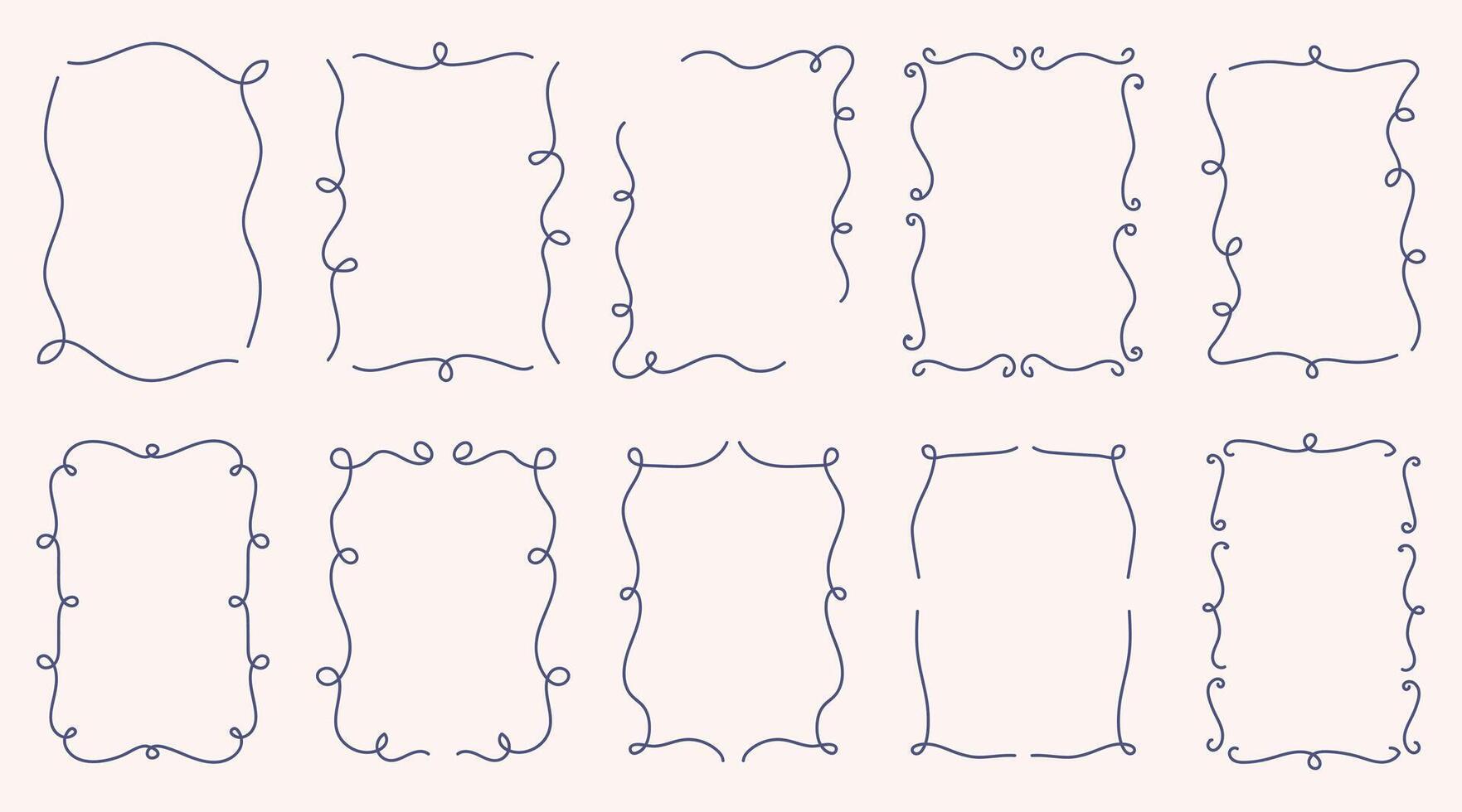 Set of ten elegant hand-drawn decorative frames with a delicate blue outline. Each frame features a unique wavy, curly, or looped border. Design perfect for invitations, greeting cards vector