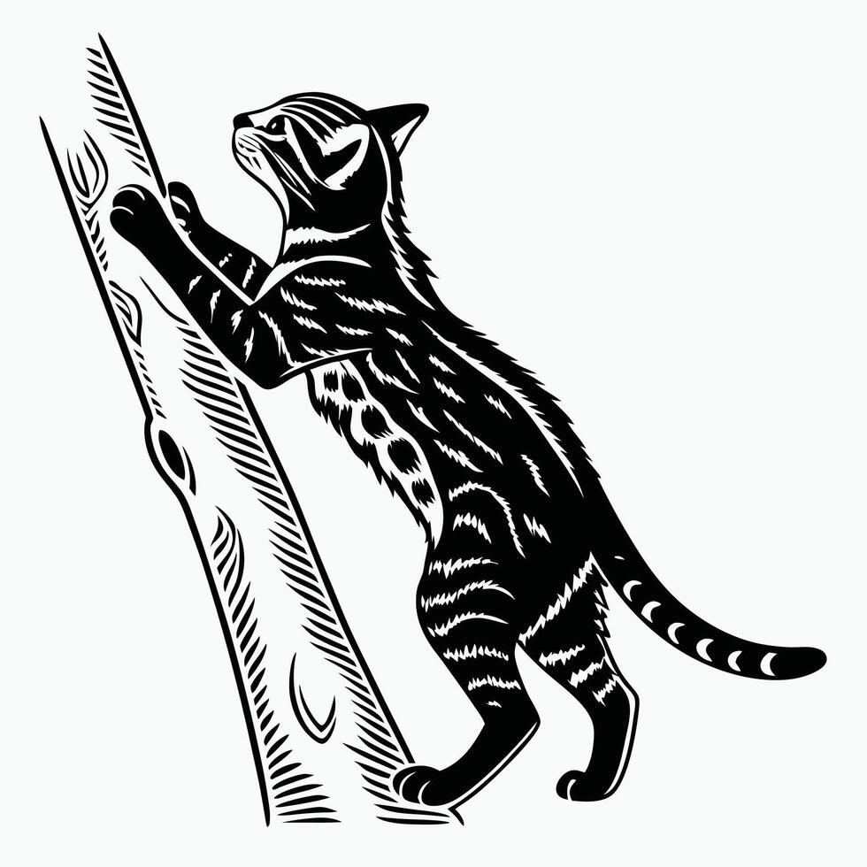 Black And White Cat Climbs Tree vector