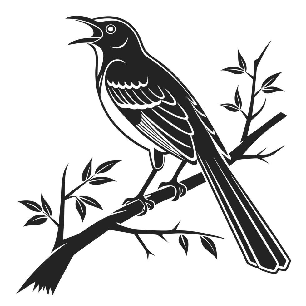 Mockingbird Singing On Branch Black Silhouette vector