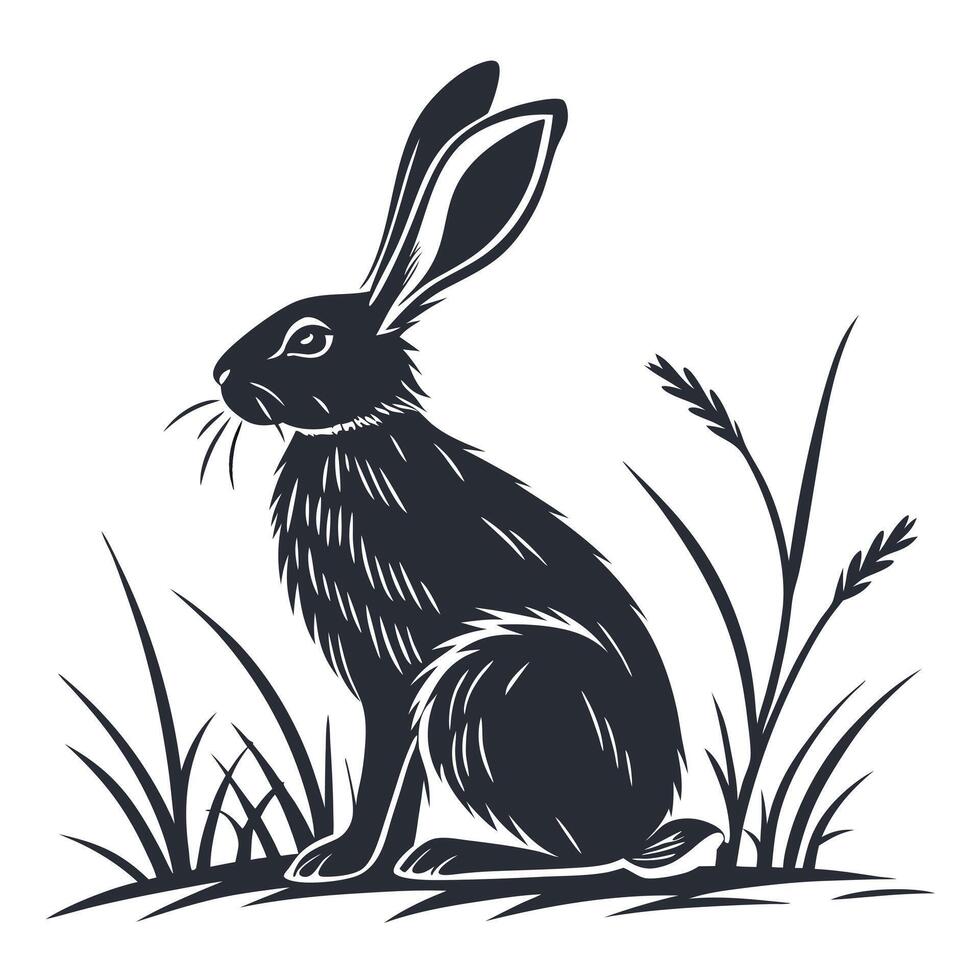 Minimalist Hare Sitting In Tall Grass vector
