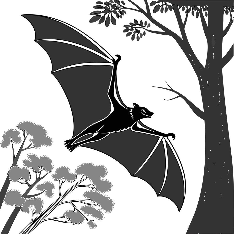Flying Bat Silhouette In Forest vector