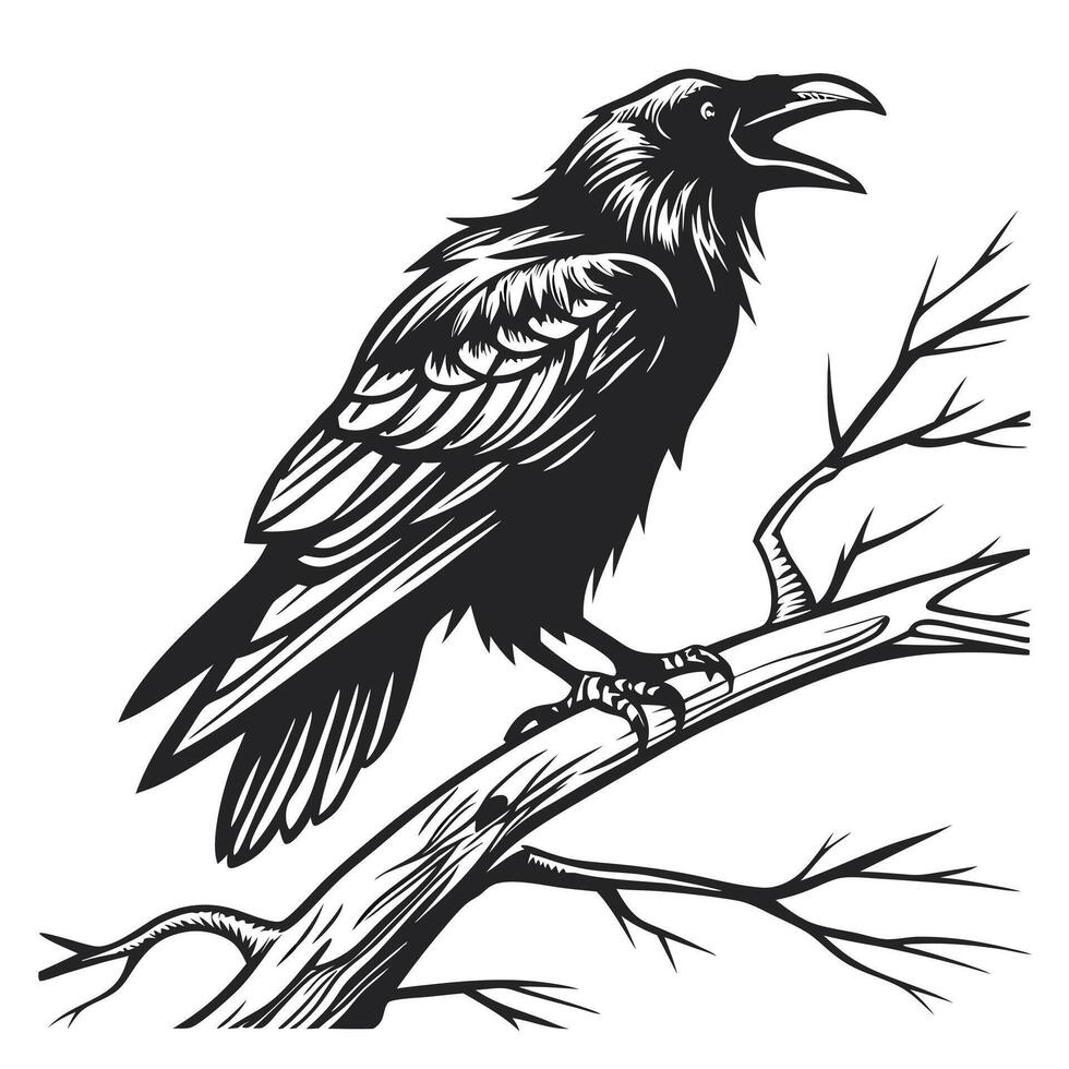 Black Crow Perching On A Branch vector