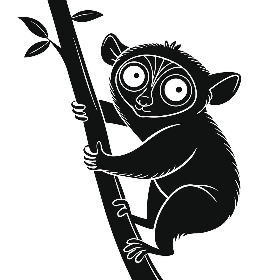 Tarsier Cartoon Climbing Branch Black And White vector