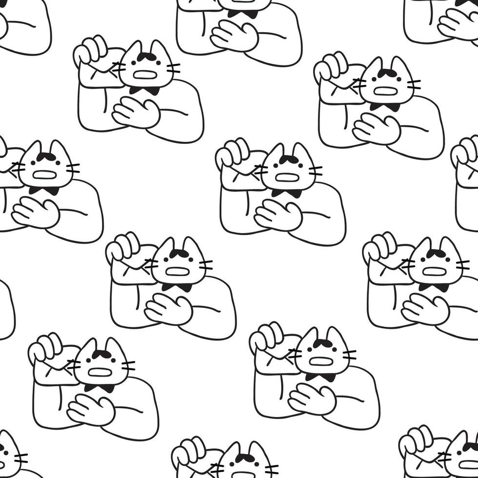 seamless pattern with mail cat character in doodle style vector