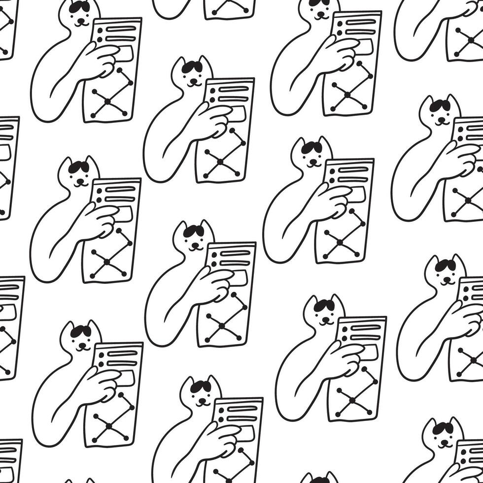 seamless pattern with office cat character show document in doodle style vector