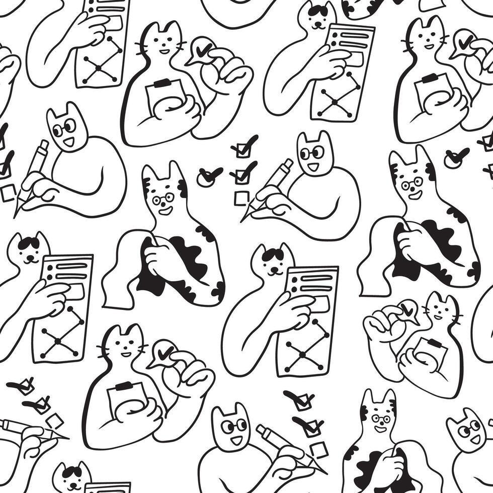 seamless pattern with office cats in doodle vector