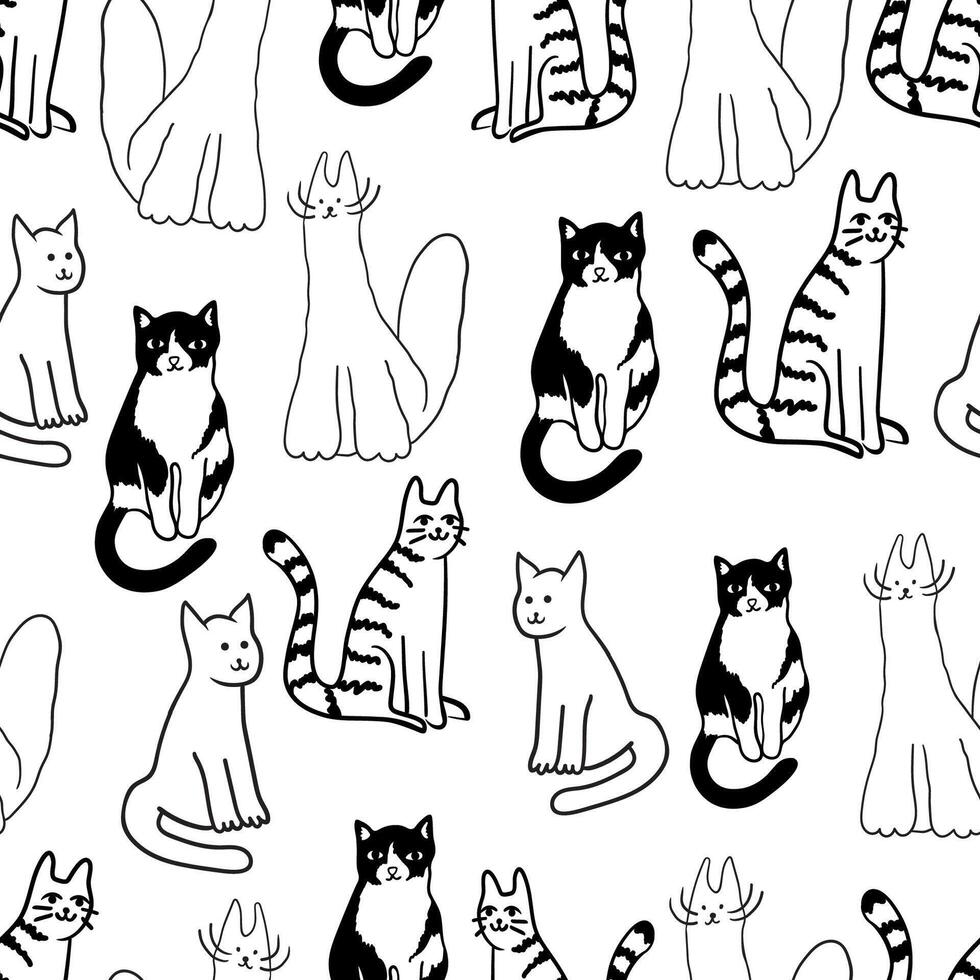 seamless pattern with funny cats in doodle style vector