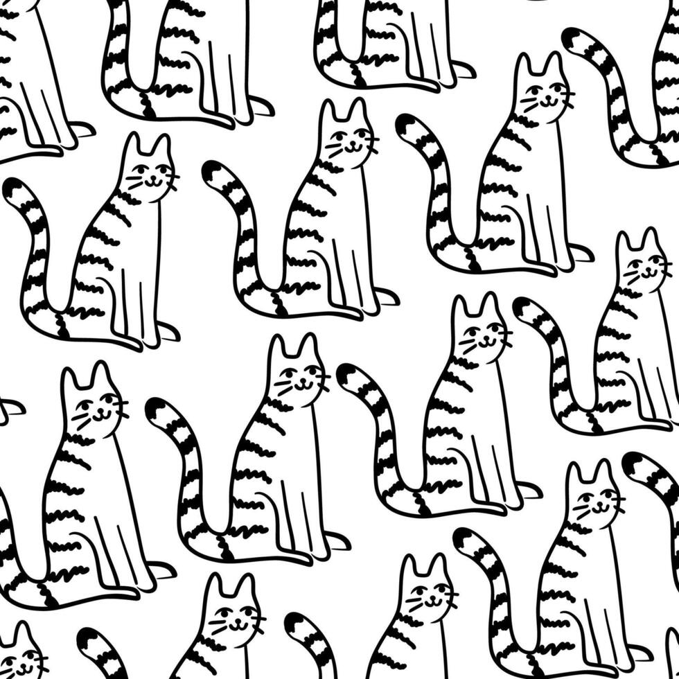 seamless pattern with striped cat in doodle style vector