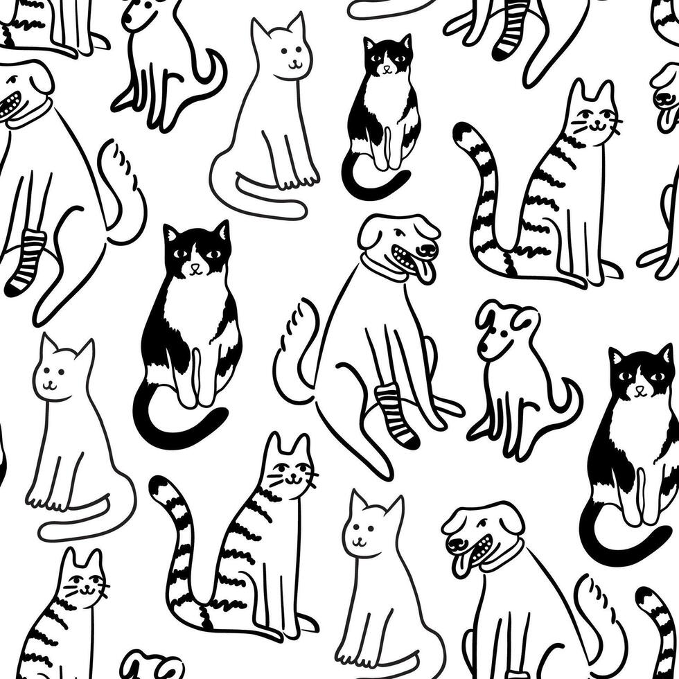 seamless pattern with cats and dogs in doodle style vector