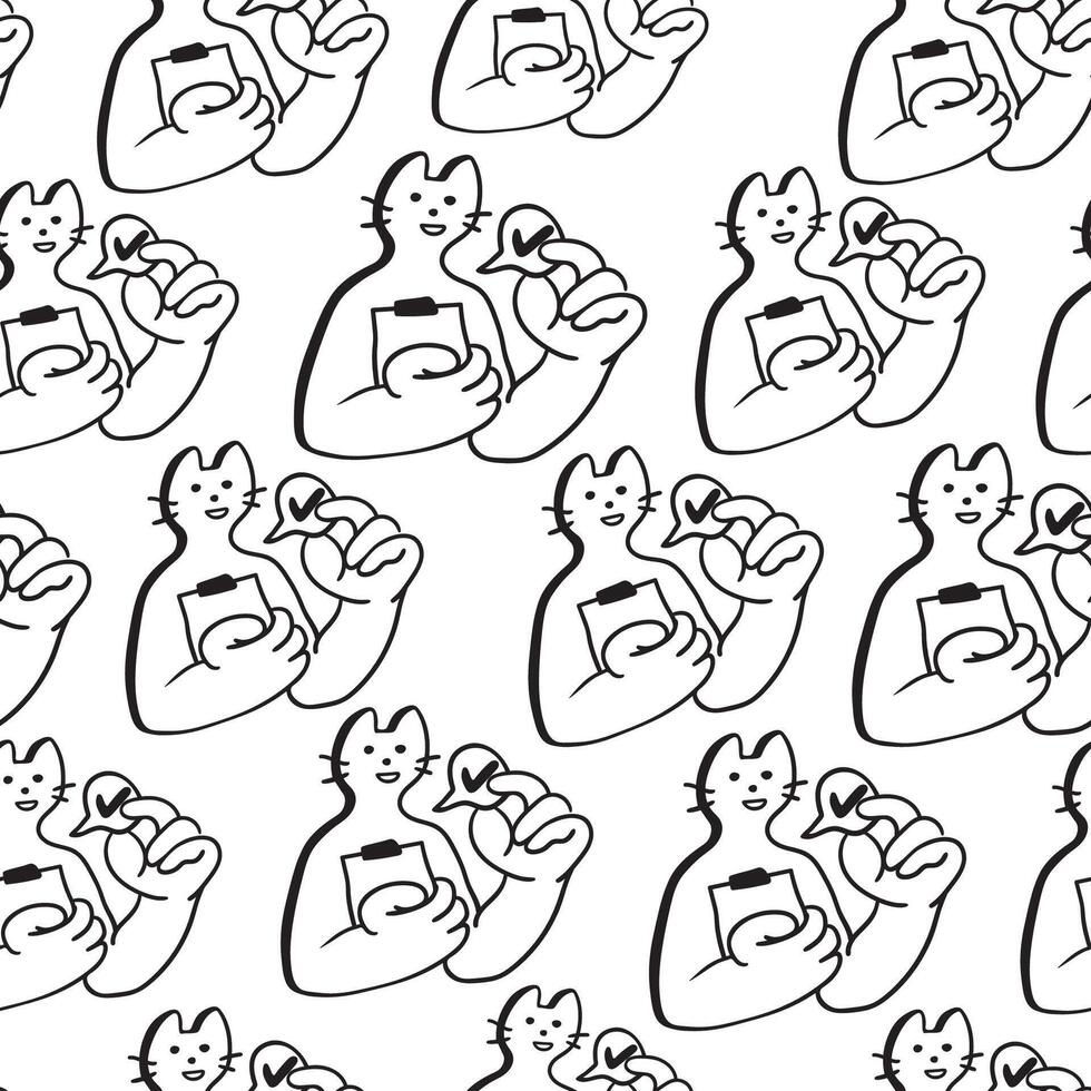 seamless pattern with office cat character with check in doodle style vector