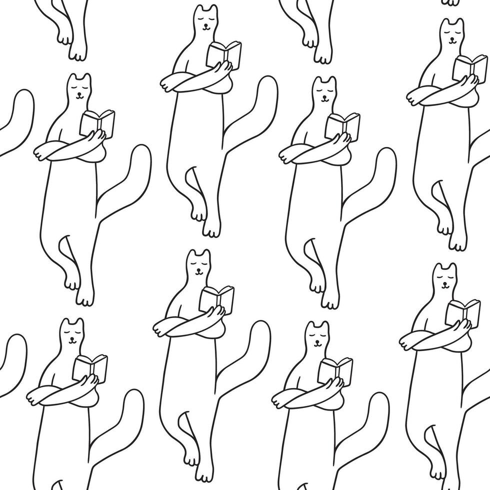 seamless pattern with reading cat in doodle style vector