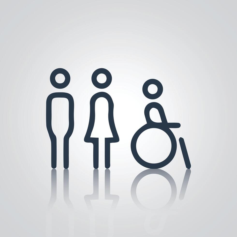 Unique pictograms of a man and a woman, unique wheelchair, signs, icons, dark color, character vector