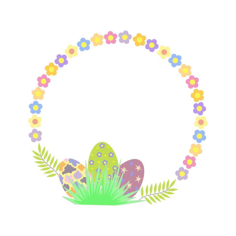 Easter floral wreath of decorative whimsical decorated eggs, flowers, leaves, simple frame design element for spring holiday, birthday, card, background, invitation, wallpaper, sticker, decoration vector