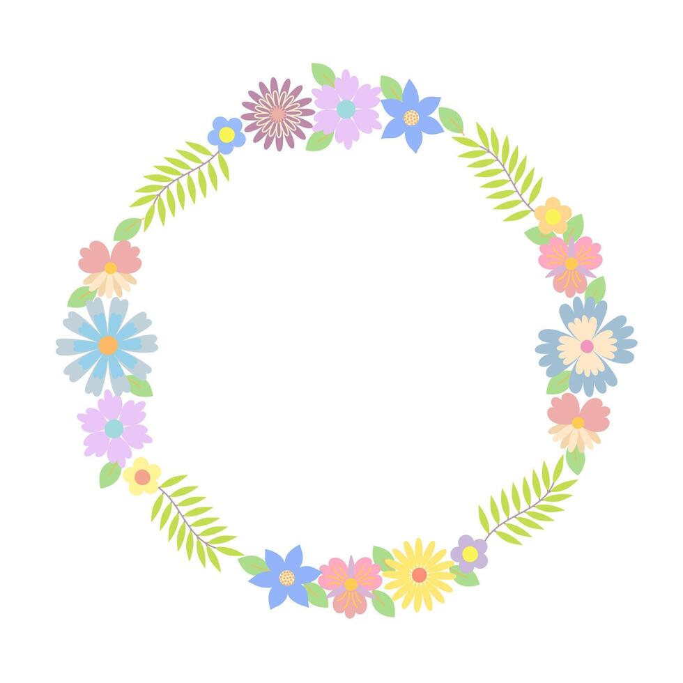 Round floral wreath of decorative whimsical flowers, leaves, simple frame design element for wedding, birthday, card, background, invitation, wallpaper, sticker, decoration vector