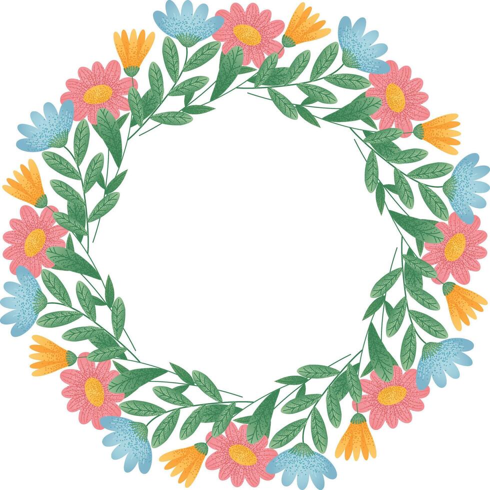 Floral Wreath with Colorful Flowers. Floral frame with flowers and green leaves, featuring daisies and coneflowers. For wedding invitation, greeting card. vector