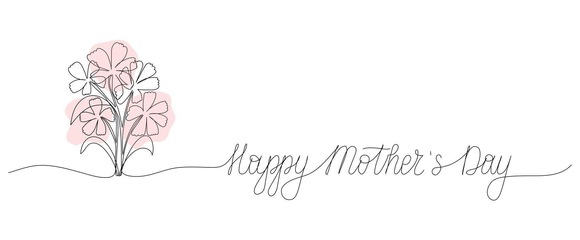 Happy Mother's Day one line art banner template. Abstract pink Flowers bouquet in outline drawing for greeting card, poster, posts. Continuous editable stroke. vector