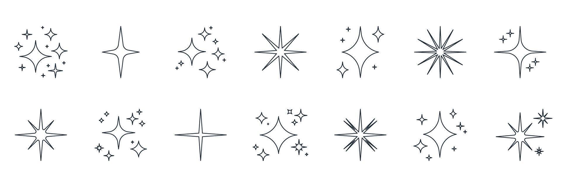 Star And Sparkle Decorative Line Icon Set. Ornamental Starburst And Twinkle Outline Symbol Collection. Editable Stroke. Isolated Illustration vector