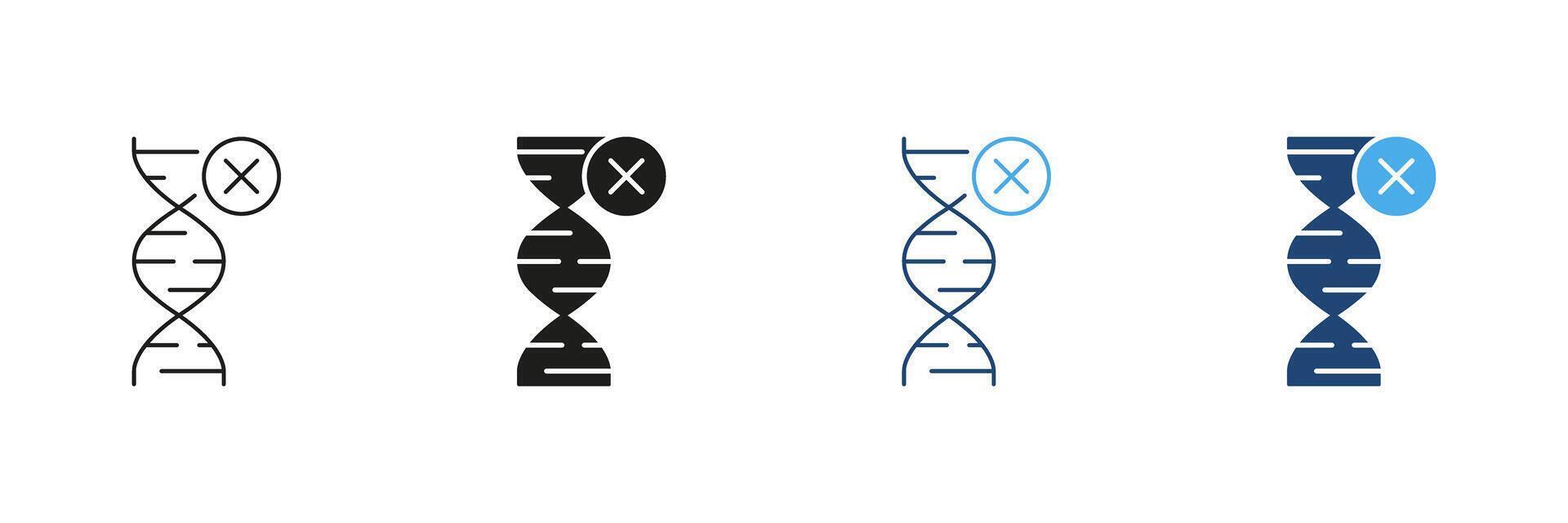 DNA Line and Silhouette Icon Set with Cross Symbol, Genetic Mutation or DNA Modification Issues in Biology and Chemistry. Editable Stroke. Isolated Illustration vector