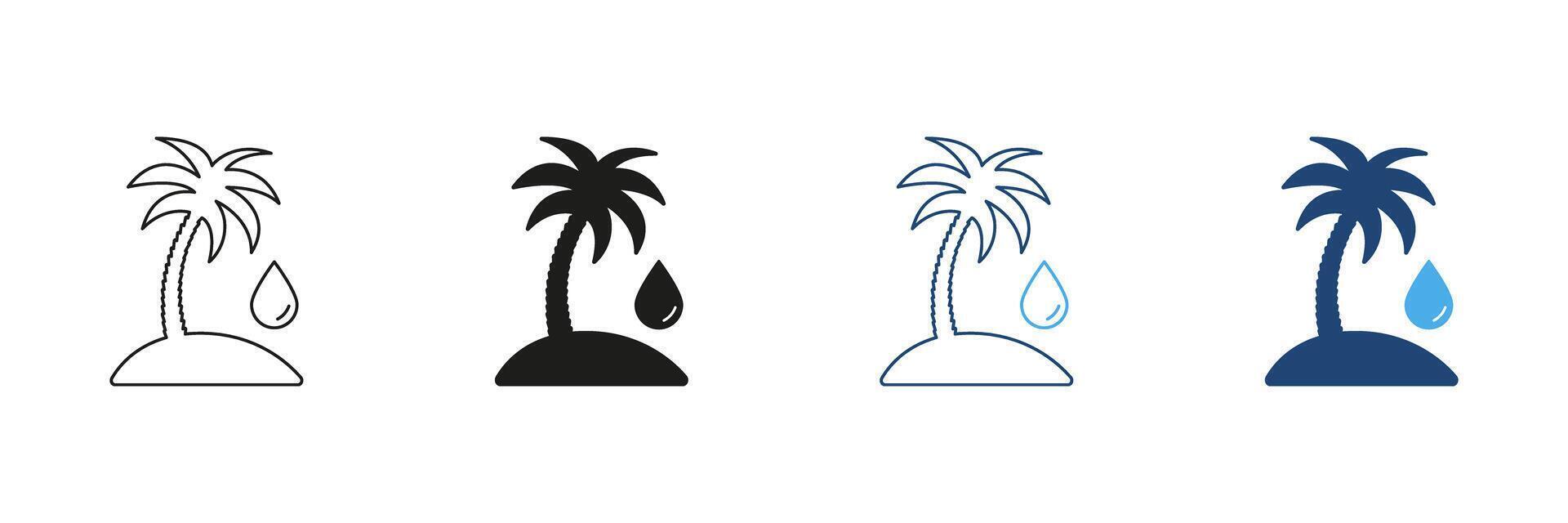 Palm Tree with Oil Drop Line and Silhouette Icon Set. Palm Oil Production and Environmental Issues in Agriculture and Industry. Editable Stroke. Isolated Illustration vector