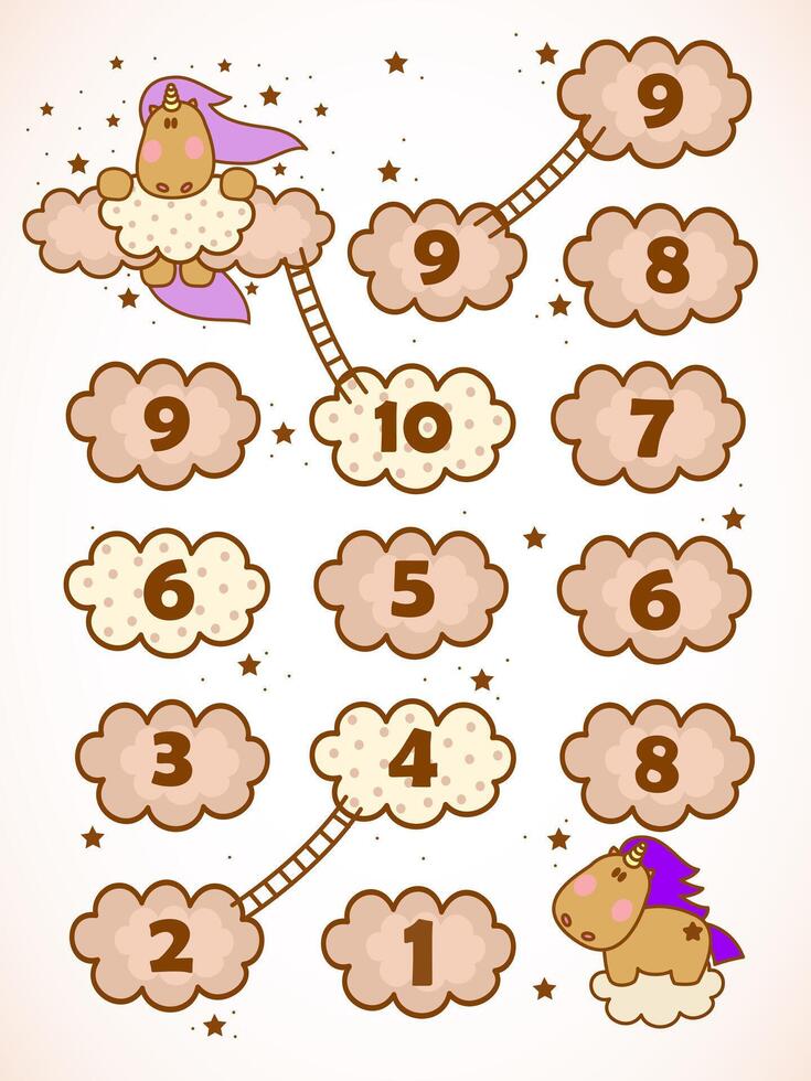 Kids game labyrinth. Cute unicorns on the cloud. Children education. Logic lessons. Preschool exercise. Mathematic vector