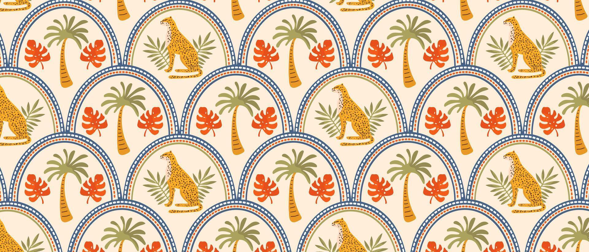 Summer pattern with tropical palm tree and leopard in retro style. Cute jungle print, beach background, safari. vector