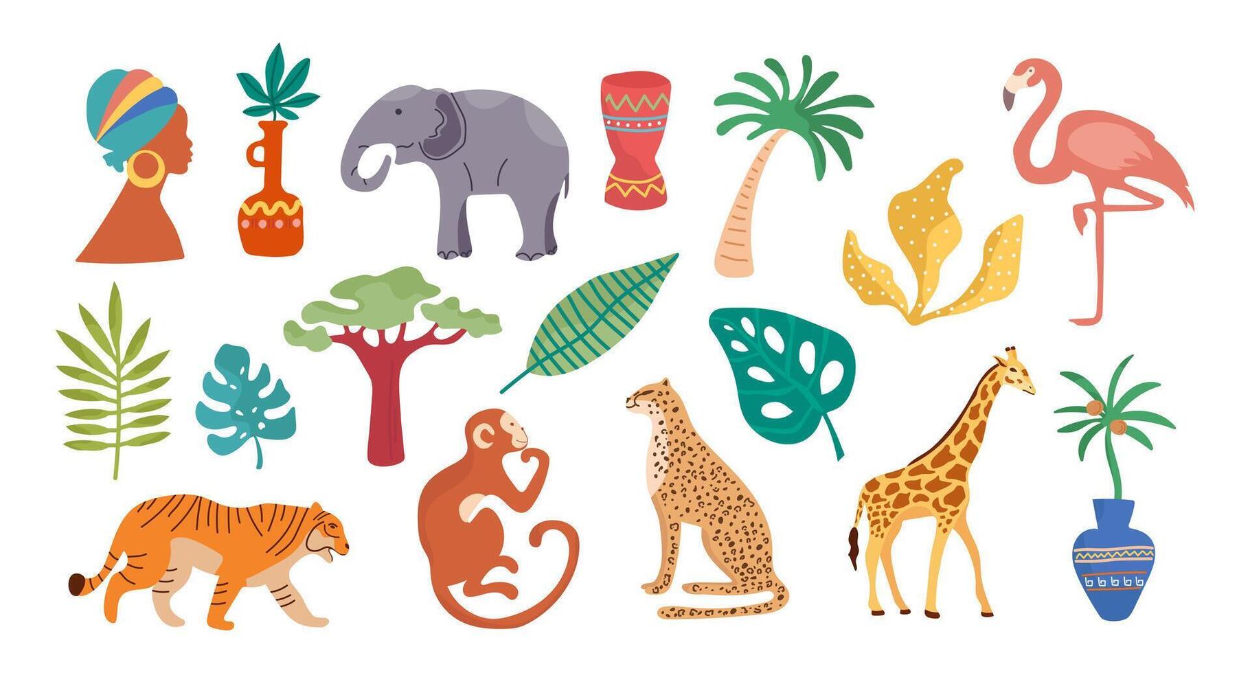 African flora and fauna. African animals, plants, birds and trees. vector
