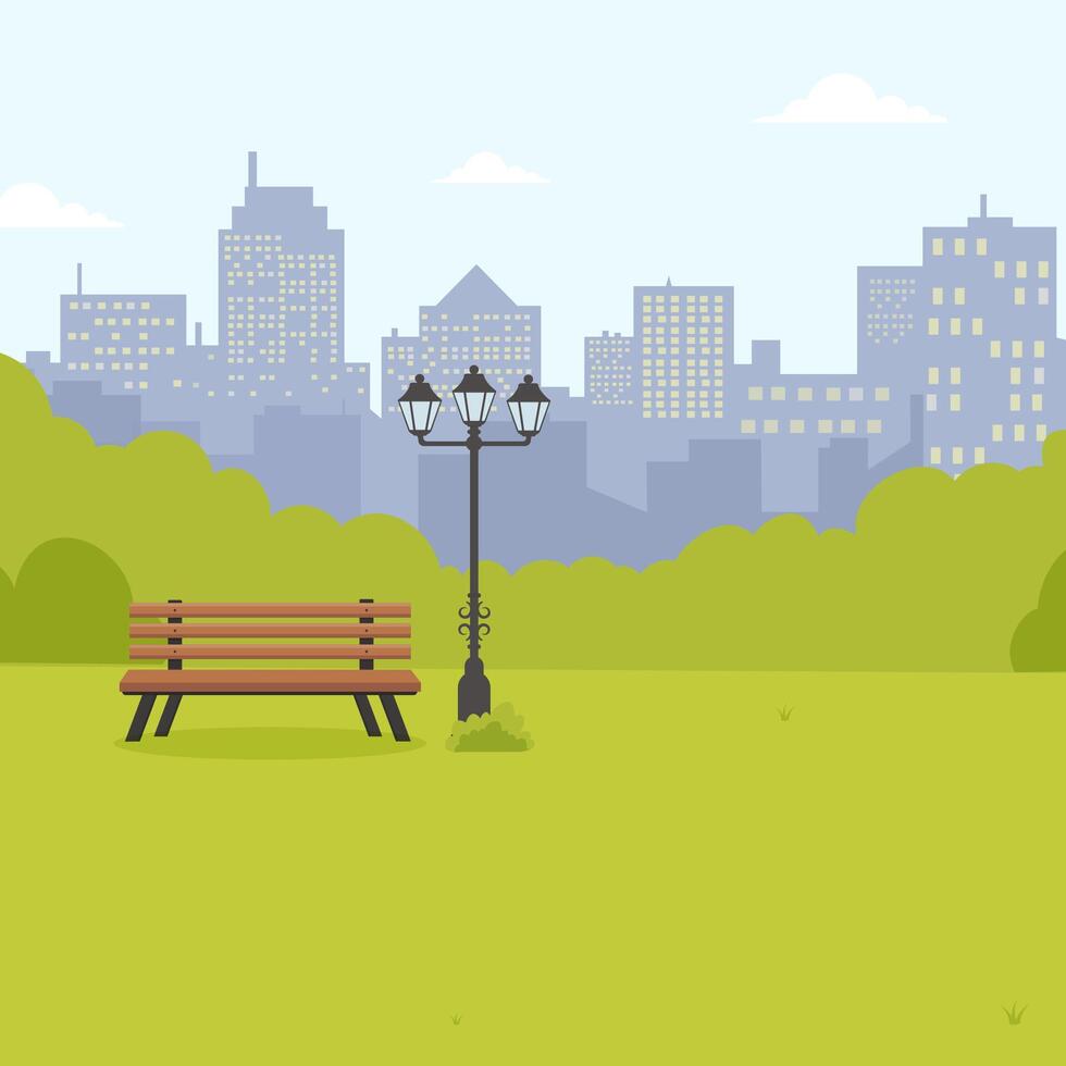 Urban park with bench and lamppost overlooking city skyline on a clear day vector