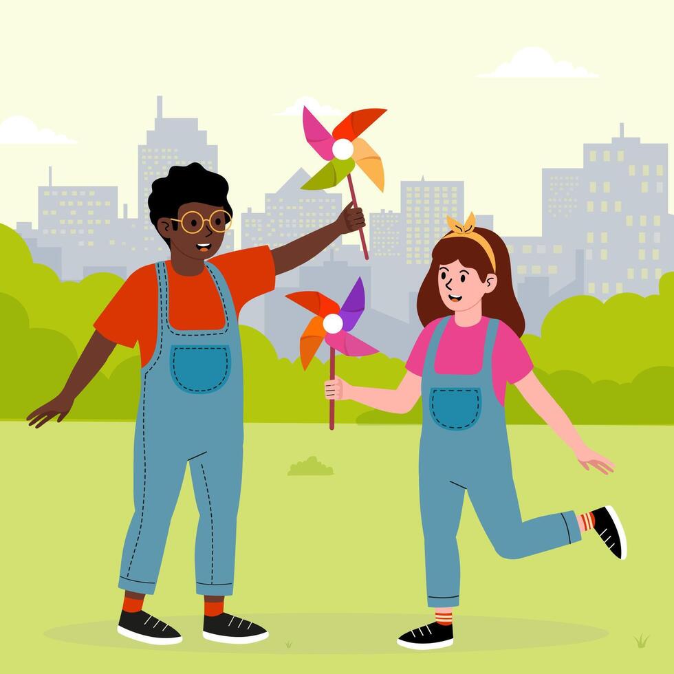 Kids enjoy playing with colorful pinwheels in a city park on a sunny afternoon vector