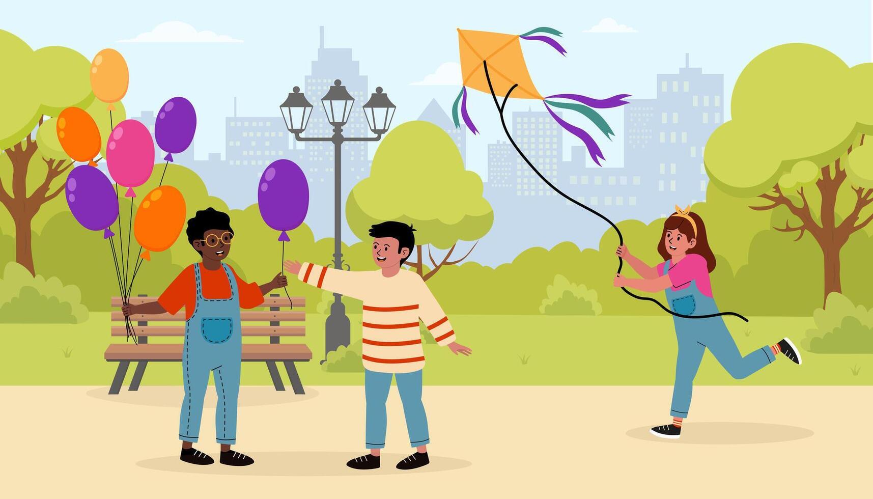 Friends enjoy a sunny day in the park with balloons and kites during a playful afternoon vector
