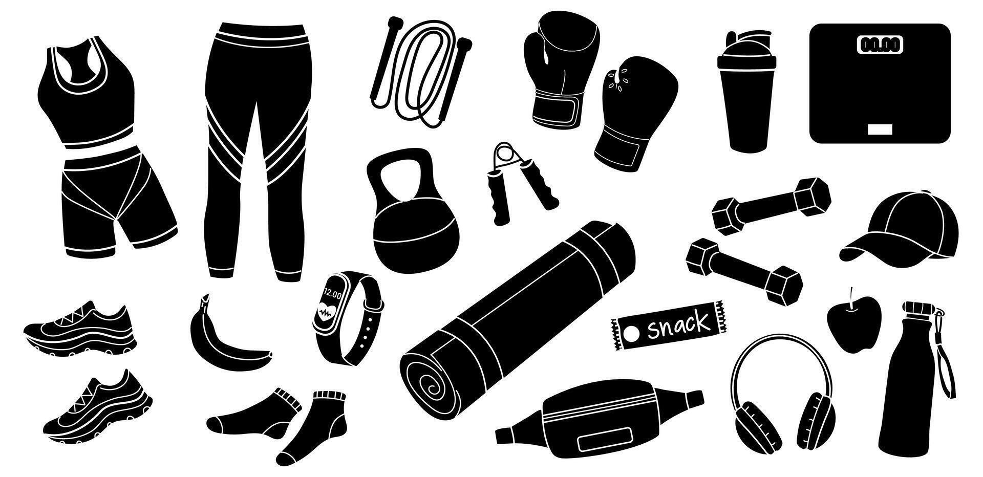 Fitness equipment and accessories for a healthy lifestyle and workout routine at home or gym vector