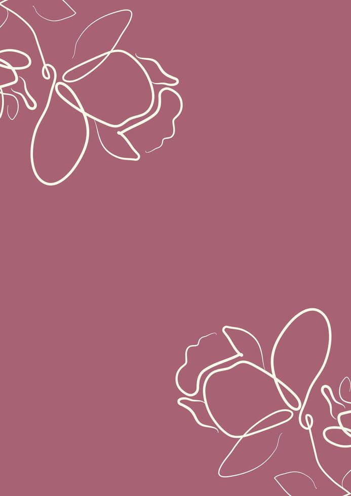pink greeting card or invitation template with flowers, namely with open magnolia buds in line art style vector