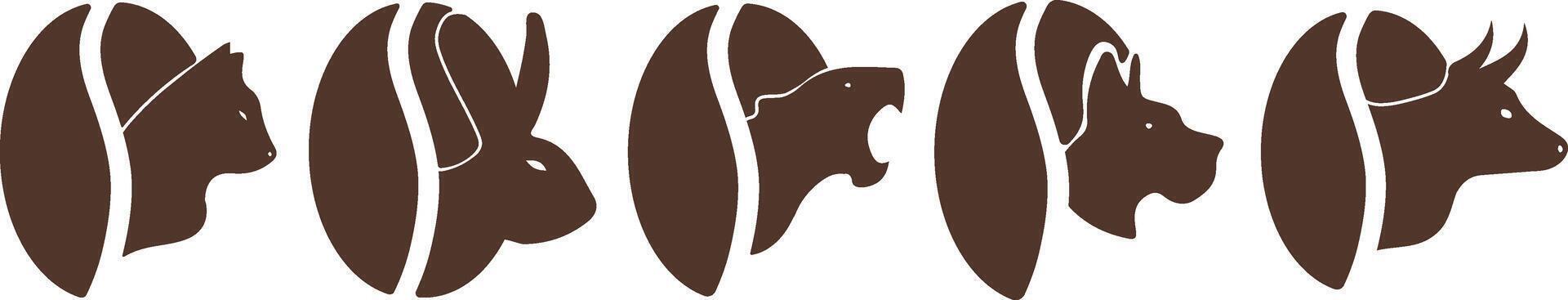 set of stylized simple coffee bean logos with animal silhouettes vector
