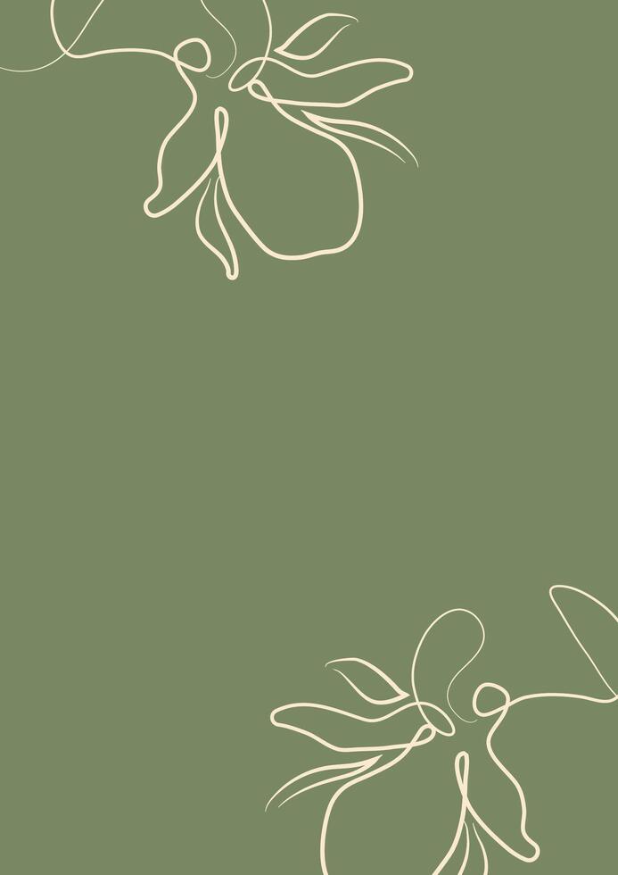 green greeting card or invitation template with flowers, namely with a branch with magnolia blossom in line art style vector