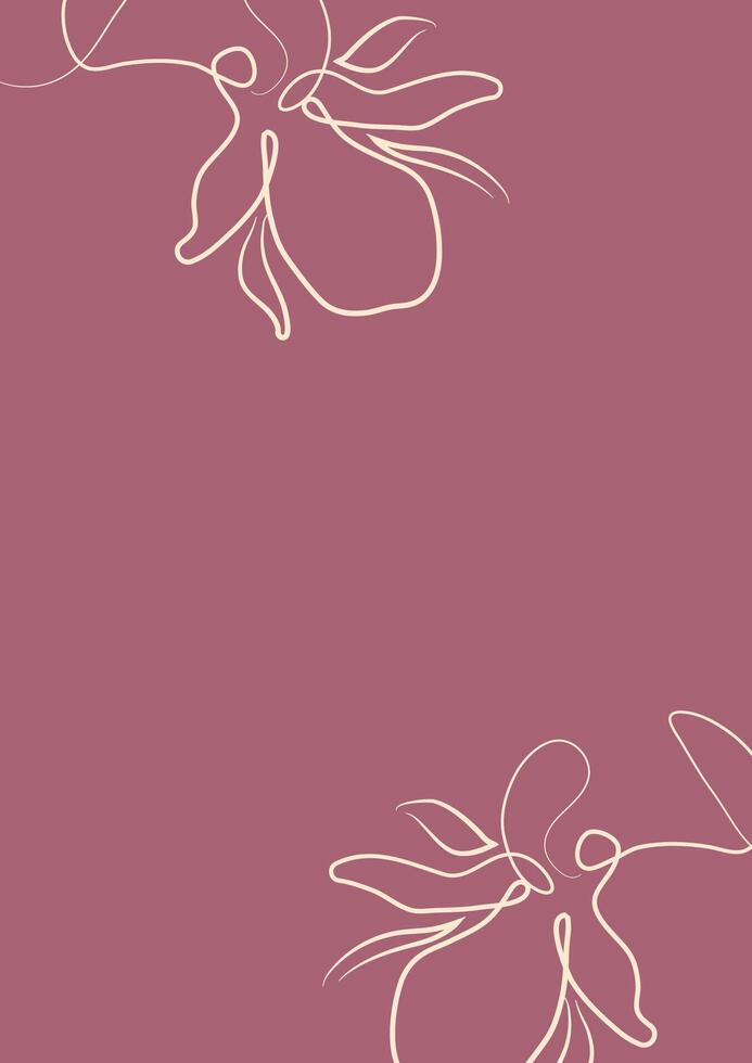 pink greeting card or invitation template with flowers, namely with a branch with magnolia blossom in line art style vector