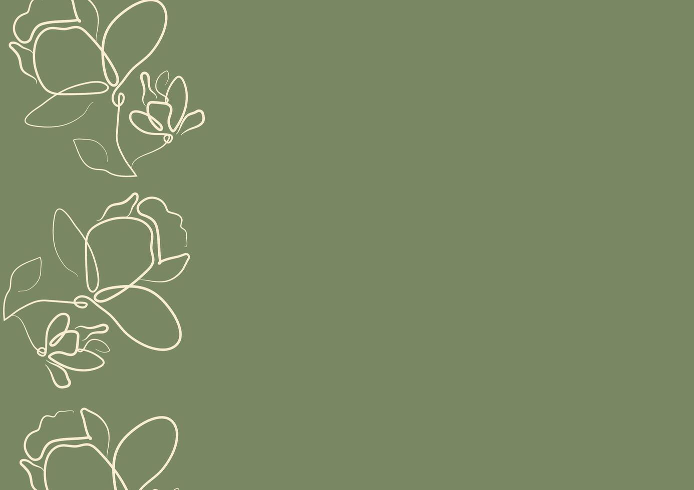green poster template with flowers, namely with open magnolia buds in line art style vector